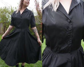 Wonderful True Vintage 1950s Black Cadillac Dress Volup / Large Inky Black with Button Front in Taffeta Wounded Bird