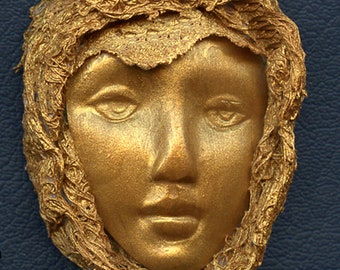 Polymer Clay One of a Kind Faux Gold Face with Fabric Cab FFG 1