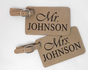 Mr & Mrs Laser Engraved Leather Luggage Tag Pair (2) Choice of 6 Colors