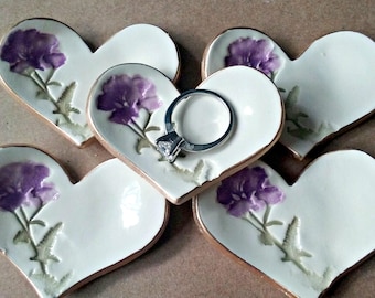 5 Ceramic Purple Flower Ring Dishes itty bitty edged in gold baptism favors Baby shower wedding shower bridal shower