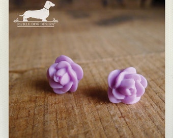 DOLLAR DEAL! Lovely Lavender. Rosebud Post Earrings -- (Vintage-Style, Purple, Bridesmaid Jewelry, Romantic, Shabby Chic, Cute Gift Under 5)
