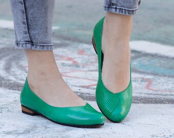 green leather flats