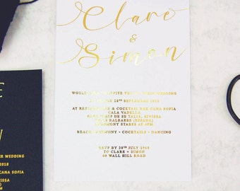 Wedding Invitation, Gold Foil Wedding Invitation,white and Gold Wedding invitation,Handwritten font Wedding invitation,Swirly Wedding invite