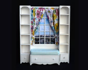Doll window seat & shelving #2. Scale 1/6 YoSD, 1/4 MSD, 1/3 SD, 70+ (bjd, barbie, monster high, momoko, blythe, fashion doll furniture)