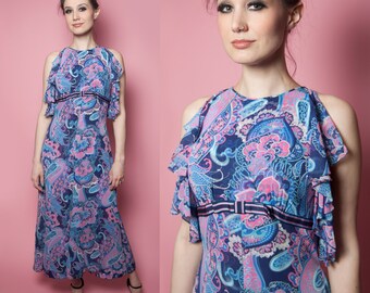 1960's-1970's Paisley Empire Waist Chiffon Maxi Dress with Ruffle Sleeve Detail