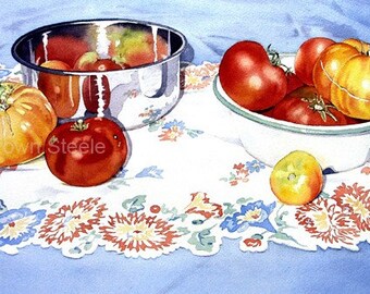 TOMATOES AND BOWLS - watercolor reproduction