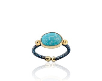 Turquoise Ring with gold balls made in sterling silver coated 18K gold. Natural turquoise ring, oxidized silver ring, turquoise gold ring