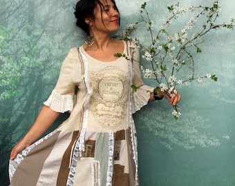 L- L/XL Romantic shabby chic recycled hippie boho lagenlook tunic dress