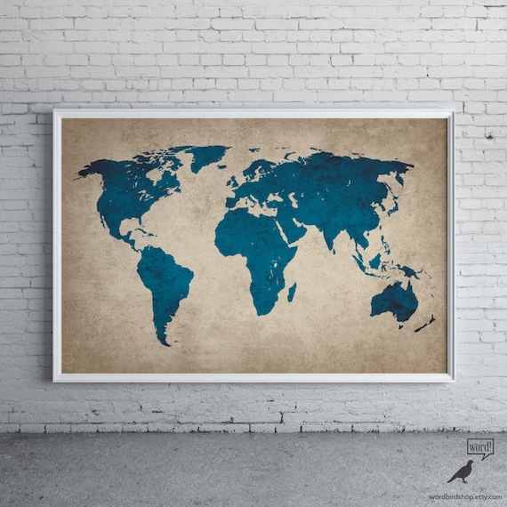 Items similar to Rustic Navy Blue World Map Old World Map Large World ...