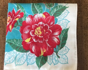 Ladies Cotton Handkerchief Red and Yellow Peonies Turquoise Leaf Background Vintage Hanky