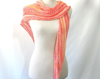 Spring Summer Skinny Triangle Shawl Style Scarf Neckwrap with Beads - Mix Fibers Yarn - Coral