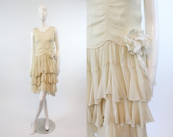 20s Dress Flutter Hem Pannier XXS / 1920s Silk Wedding Dress / Gardens of Versailles Dress