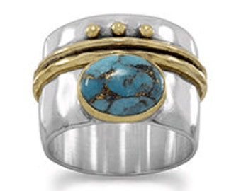 Sterling Silver 14 Karat Gold Plate Two Tone Stabilized Turquoise Ring - SIZES 6-10