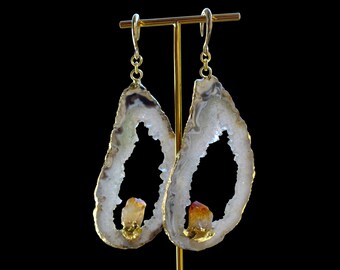 Stone ear weights, druzy citrine geode raw crystal natural stone earrings, quartz drusy 3mm 8g, brass gold gemstone, gauges tunnels plugs