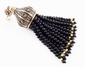 Large Long Matt Black Onyx Stone Beaded Tassel with Crystal Accents - Antique Bronze - 1PC