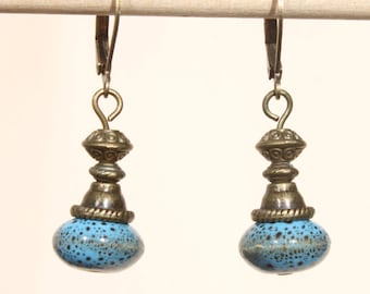 Blue Earrings Ceramic Earrings Brass Earrings Dangle Drop Earrings Boho Chic Earrings Rustic Earrings Gift for her Gift For women