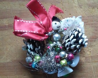 Vintage Christmas Corsage Mid Century package tie on holiday decoration 1950s Snowman mercury glass beads pinecones tinsel