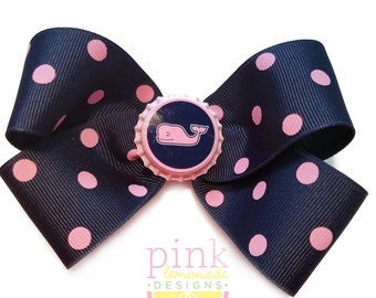 Large Navy and Pink Whale Hair Bow