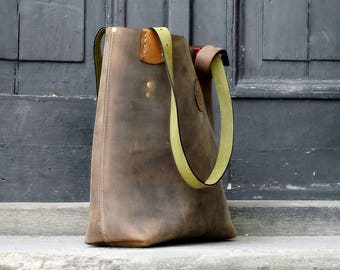 Vintage Brown Tote Bag oversized handmade leather shoulder bag Zuza Smaller Size collection by Ladybuq