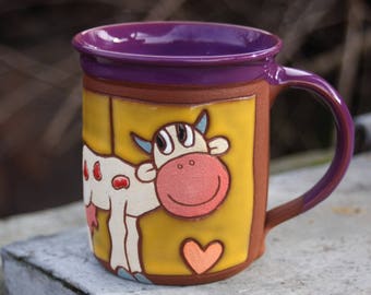 Handmade mug, Stoneware mug, Cow mug, Pottery handmade, Ceramic mug, Big pottery mug, Ceramic coffee mug, Pottery mug, Mug with animal