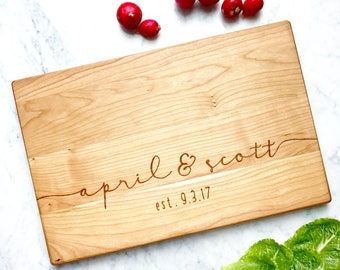 Cherry Custom Cutting Board with names and est date. Personalized chopping board for couples gift. Engagement, Wedding, Anniversary Gift.