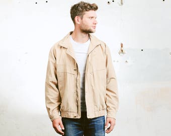 Men Faux Suede BOMBER Jacket . Vintage Beige Jacket 90s Zip Up Flight Aviator Outerwear Oversized 90s Hip Hop Hipster . size Large L