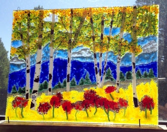 Fused Glass Mountain - Aspen - Forest - Woodland - Home Decor - Wedding Gift