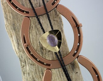 Western Bolo Tie - Natural Purple Jade Bolo Tie - Cowboy Bolo Tie - Handmade Bolo Tie - Brass and Silver Bolo Slide with a Purple Jade Stone