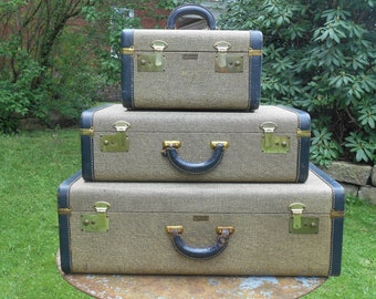 Vintage Tweed Suitcase Luggage Set of 3 Blue Leather Trim Matching Set Small Sized Train Case, Medium, and Large Suitcase Wedding Photo Prop