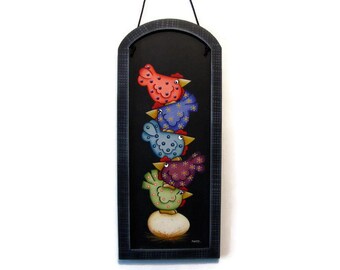 Primitive Stack of Chickens Framed Arched Sign, Handpainted Wood, Hand Painted Home Decor, Wall Art, Tole Decorative Painting