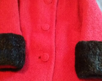 Red Boucle Wool Vintage 1960s Coat with Fur Trim US 8 UK 12 Very Jackie O Style