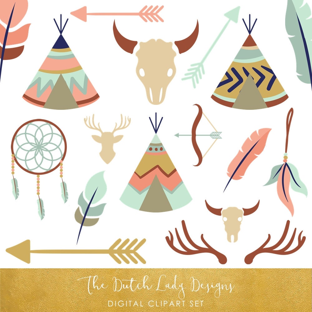 Boho Clipart Set - Tipi Tents, Feathers, Arrows & Skulls - INSTANT ...