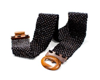 ViNTAGE: Wood Beaded Belt - Stretch Belt - Wood Buckle - SKU 19-B1-00011517