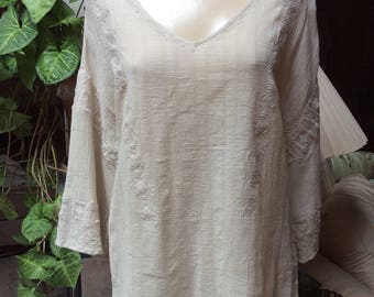 Vintage sand color woven cotton summer tunic, sz S/M boho pale taupe cotton top, embroidered flax color woven cotton pullover blouse