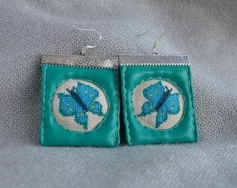 Butterfly jade earrings, Faux leather earrings, Fabric jewelry, Embroidered earrings, Girl gift, Hand embroidered gift, Floral jewelry