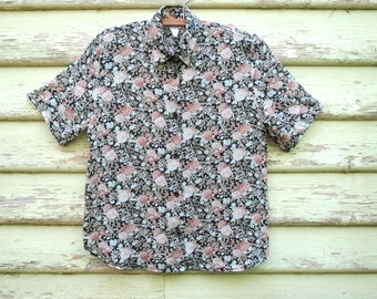 Vintage 90s floral Blouse Lightweight Semi Sheer Shirt Boho Grunge Short Sleeve Top Vtg 1990s Size S-M