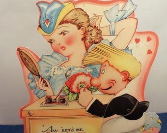 Cartoon Character Mechanical Die Cut Valentine Card 1930s Arm and Flowers Move