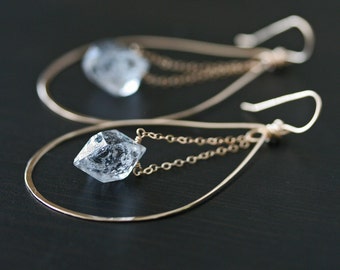 Herkimer Diamond Earrings, Gold Hoop Earrings, Hoop Earrings, Crystal Earrings, Raw Crystal Earrings, Hammered Earrings, Quartz Earrings