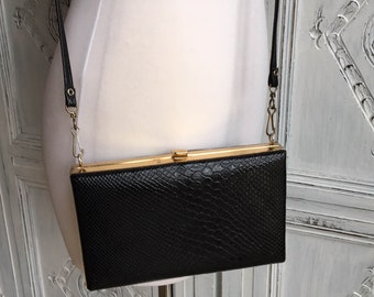 Vintage Box/Clutch/Cross body Bag - Faux Snakeskin - Black 1990s