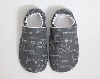 ADULT slippers, Moccasins, Custom made, Flannel and Cotton, Soft sole, Cozy interior shoes, Maths, Grey, Geek, Men, Women, Unisex, Science