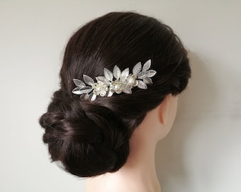 Silver leaf hair comb, silver wedding hair comb, flower wedding hair piece, bridal hair comb, leaf hair piece, silver flower hair comb