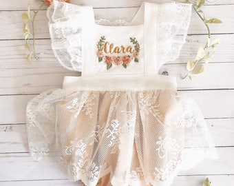 Floral hand embroidered skirted romper