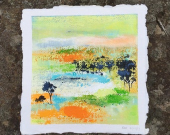 Abstract landscape, small painting, original art, handmade paper, Acrylic painting