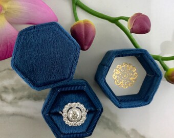 Velvet Ring Box Hexagon Hand Made Keepsake Velvet Ring Box Engagement Ring Wedding Ring Navy Blue