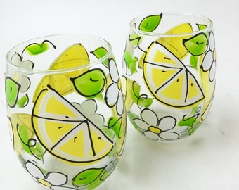 Lemon Slice Stemless Wine Glass - Hand Painted Lemon Slices and White Flower Wine Glass