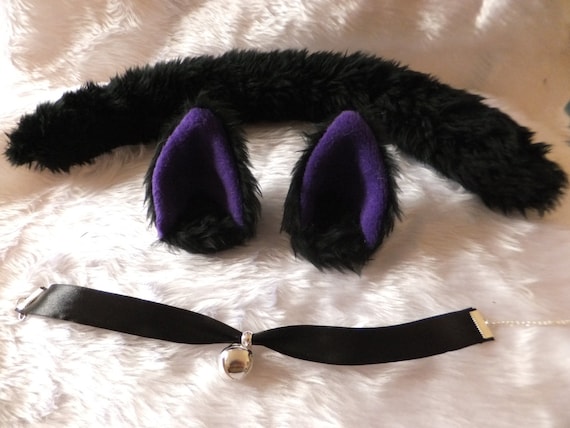 Wired Black Purple Cosplay Cat Set with Ears Tail & Bell