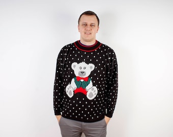 Sweater Knitted Black Sweater White Bear Men Sweater Ornament Pattern Ugly Christmas Sweater Polka Dot Black and White Size Medium