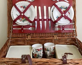 English Picnic Basket Saks Fifth Avenue by Brexton Vintage Set Setting for 4 Ironstone Floral China Made in England