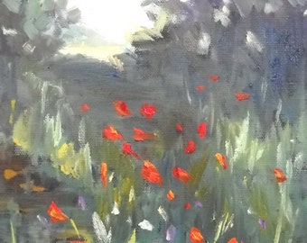 Small Landscape Painting, Poppy Painting, "Mountain Poppy field" by Carol Schiff, 8x10" Oil, Reduced from 199.00