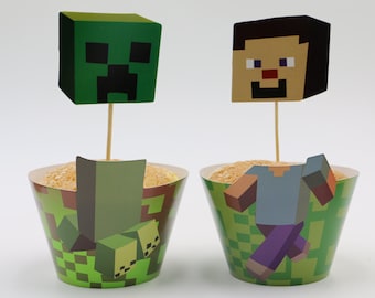 24 set Minecraft inspired cupcake wrappers and toppers Minecraft Party Decoration